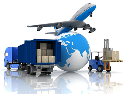 airliner with a globe and autoloader with boxes in a container alternate text for this image