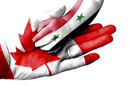 Adult man holding a baby hand with Canada and Syria flags overlaid. Isolated on white alternate text for this image