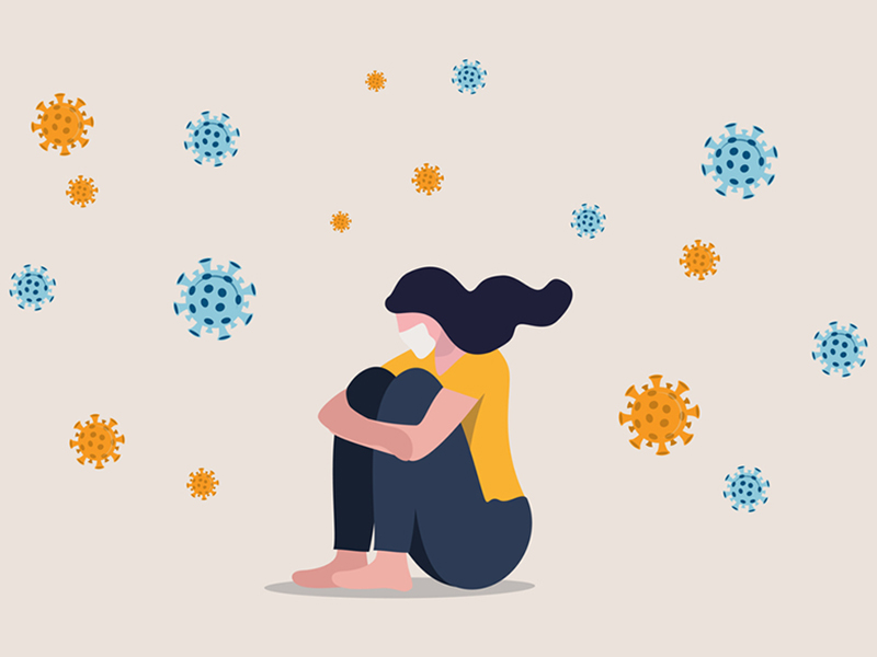Solitude and depression from social distancing, isolated stay home alone in COVID-19 coronavirus crisis, anxiety from virus infection, Sad unhappy depressed girl sit alone with virus pathogens alternate text for this image