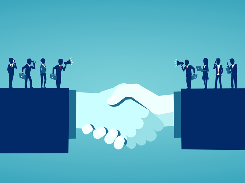 Vector of businesspeople reaching an agreement after successful negotiations alternate text for this image
