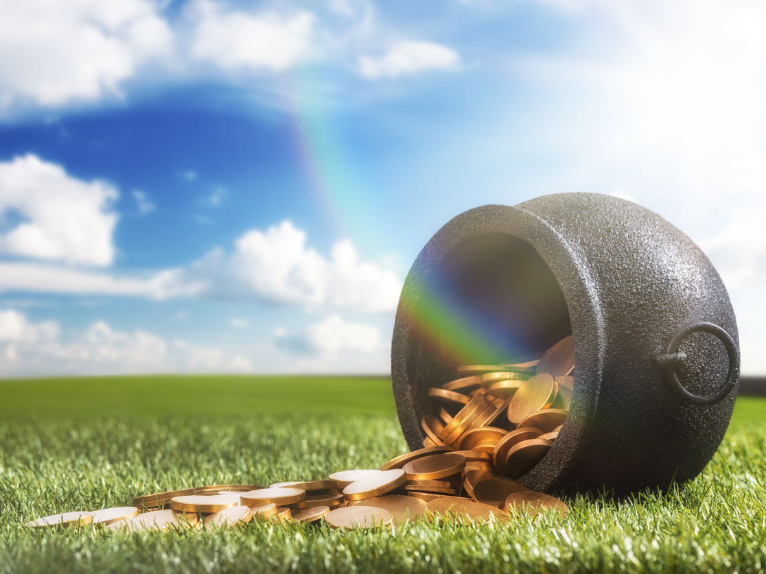 Pot d'or d'où s'échappe un arc-en-ciel.