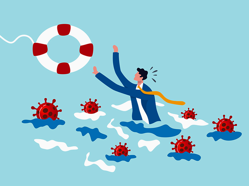 Coronavirus crisis help policy, business insurance or government stimulus to aid small business and entrepreneur to survive in COVID-19 outbreak, businessman try to hold life buoy with virus around. alternate text for this image