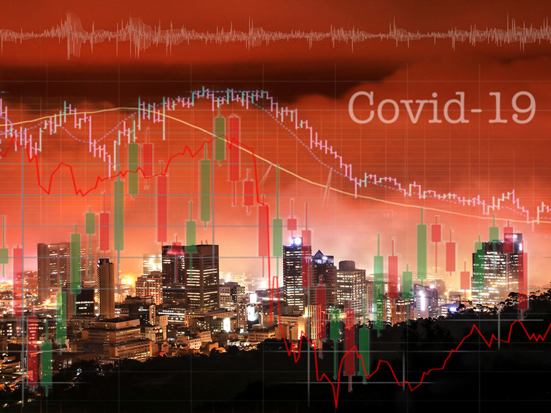 Blue medical mask for protection against virus and other diseases. On the mask, the red color indicates the graph of the fall. Financial collapse. Market decline. Concept. alternate text for this image