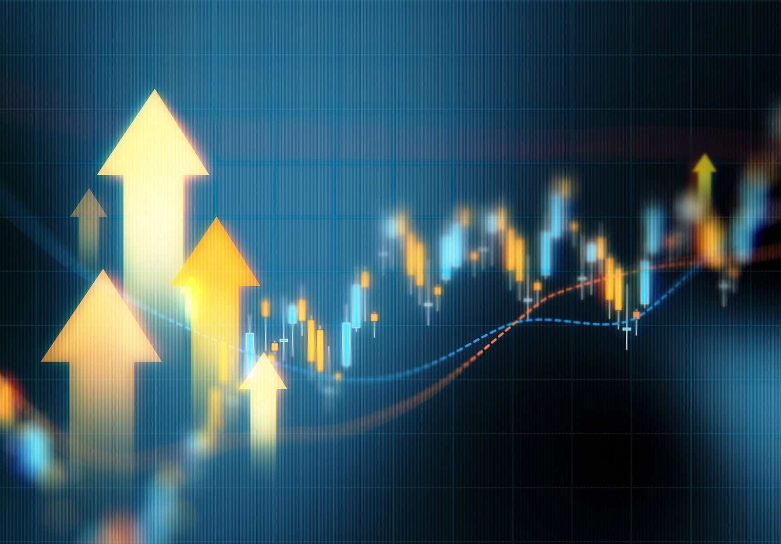 Flèches vers le haut sur fond de graphique financier bleu. Composition horizontale avec mise au point sélective et espace de copie. Concept d'investissement, de données boursières et de finance.