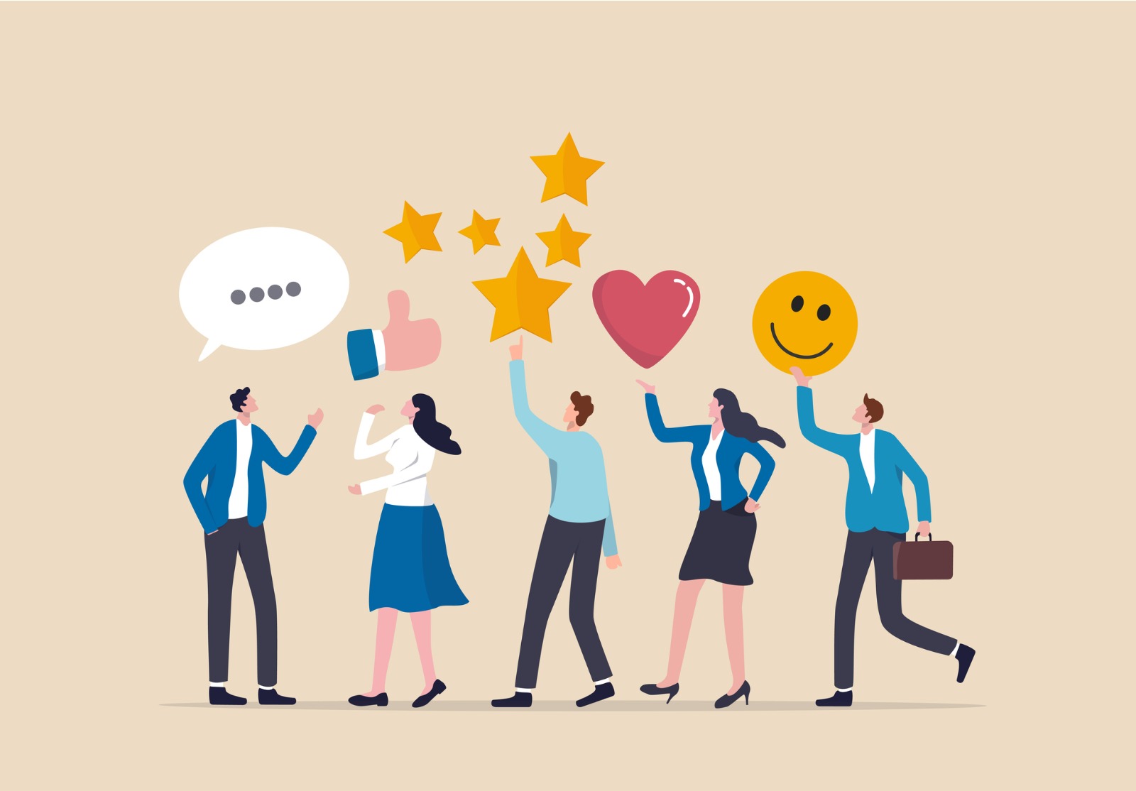 4 jeunes adultes donnant des commentaires d’émoticônes tels que des étoiles, un pouce levé, un coeur et un smiley qui sourit.