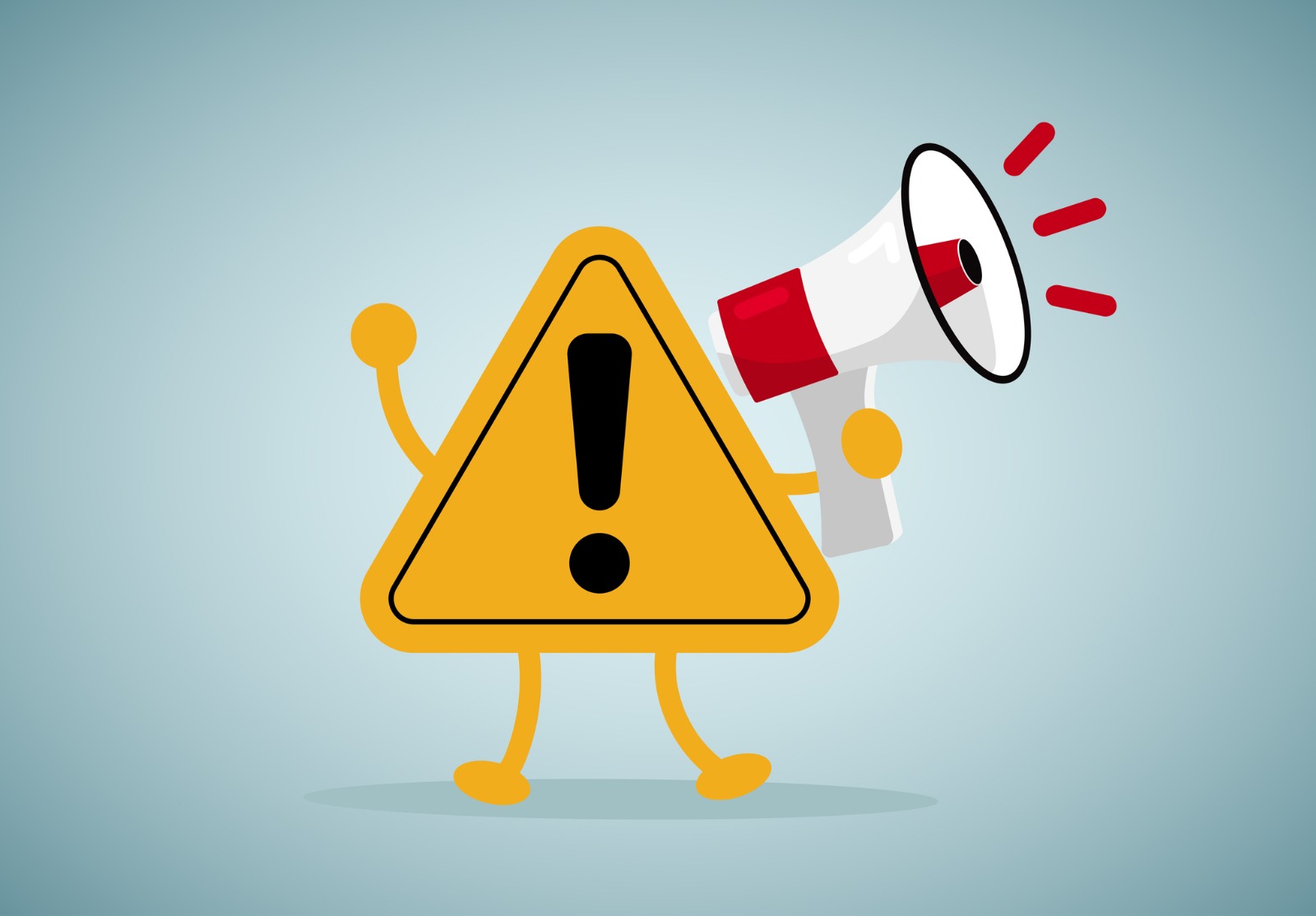 Un dessin d'un panneau attention avec des bras et des jambes tenant un haut-parleur dans une main.