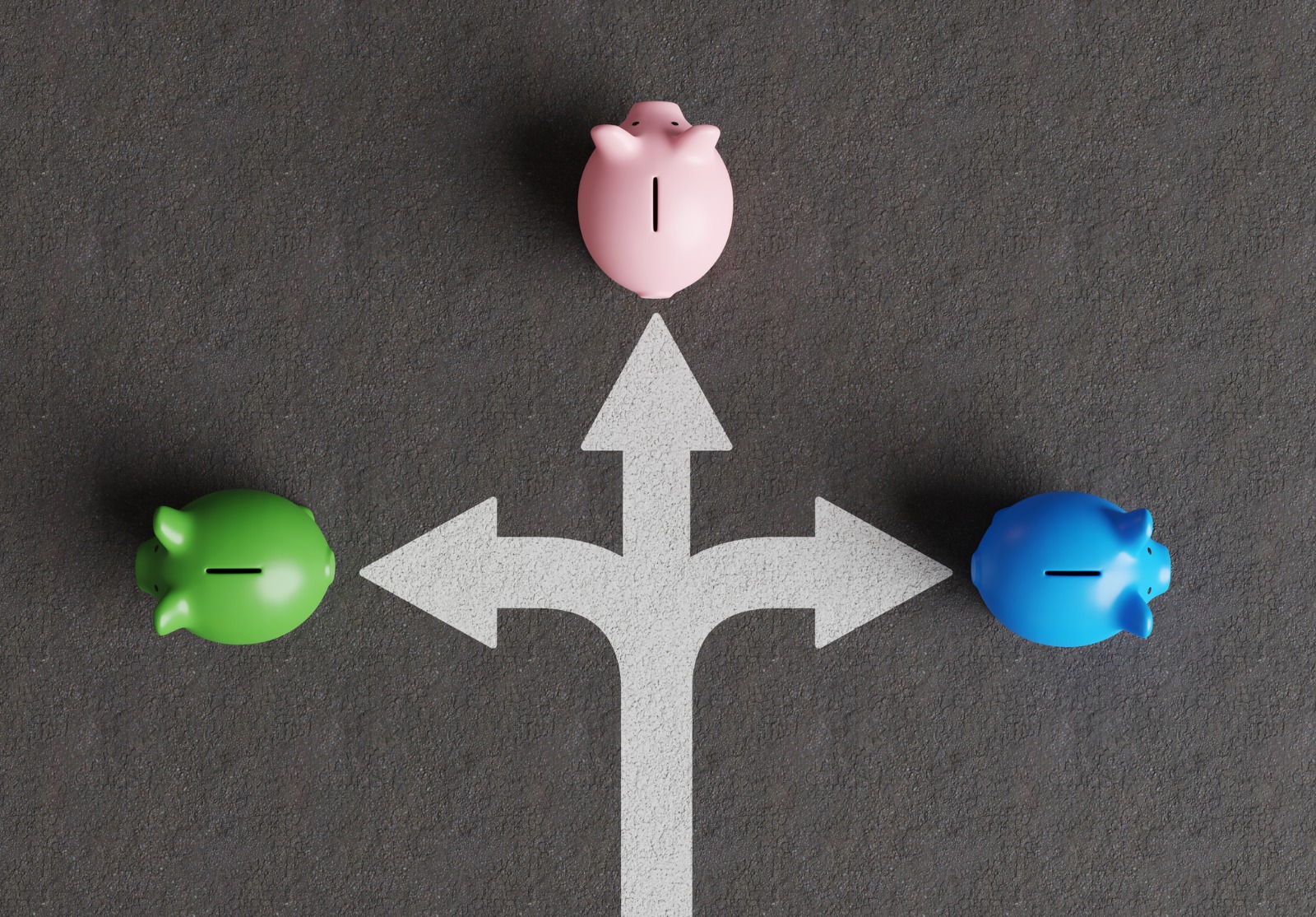 Marque de signalisation blanche divisée sur l’asphalte avec 3 tirelires de couleurs différentes allant dans différentes directions. Illustration du concept de sélection de titres et de produits d’investissement variés