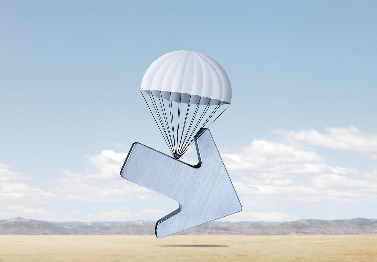 Une flèche accrochée à un parachute. Une illustration d'un Atterrissage économique en douceur