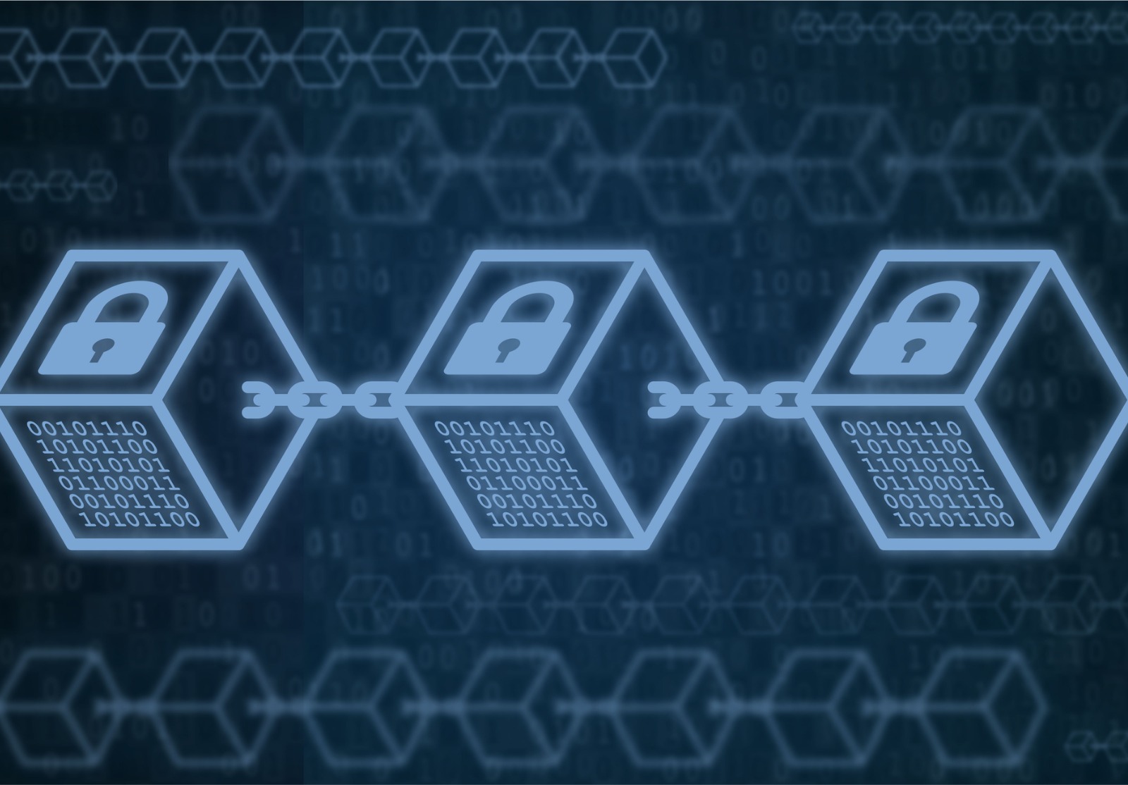 Blocs avec verrous sur fond bleu foncé. Innovation future, technologie blockchain, monnaie symbolique.