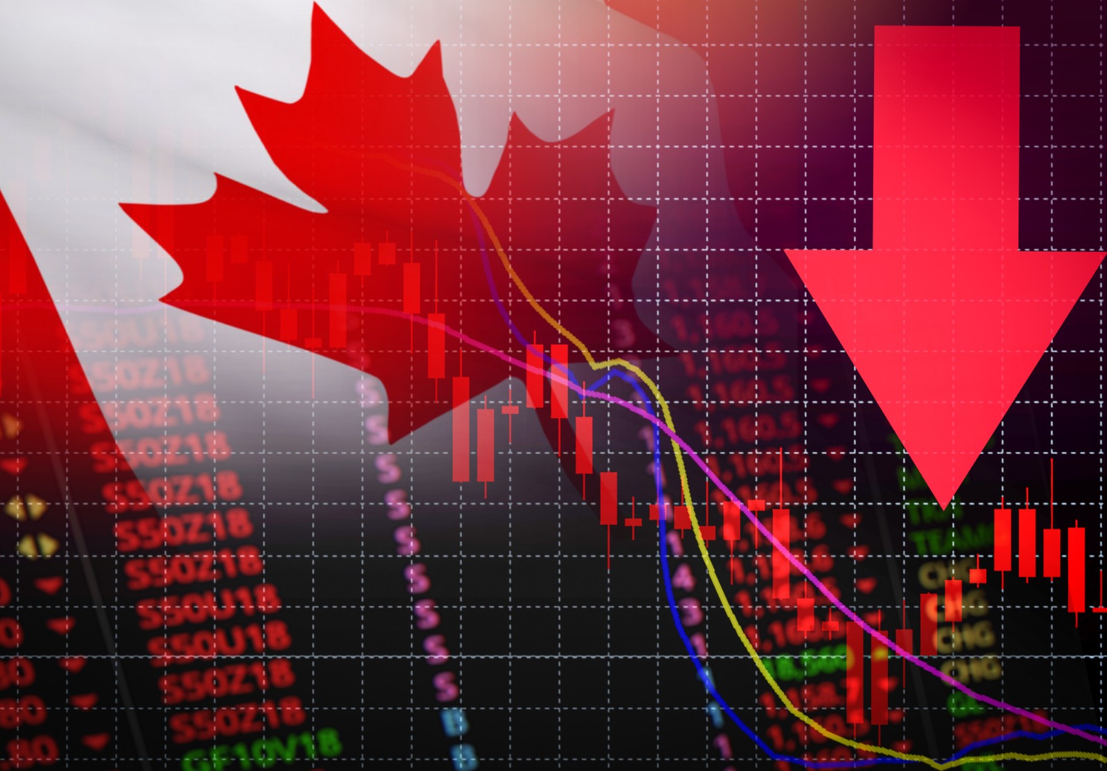 Canada bourse marché prix de marché de crise rouge vers le bas de tableau tomber Business finance argent crise fond rouge négatif déplacer en vente chute économique.