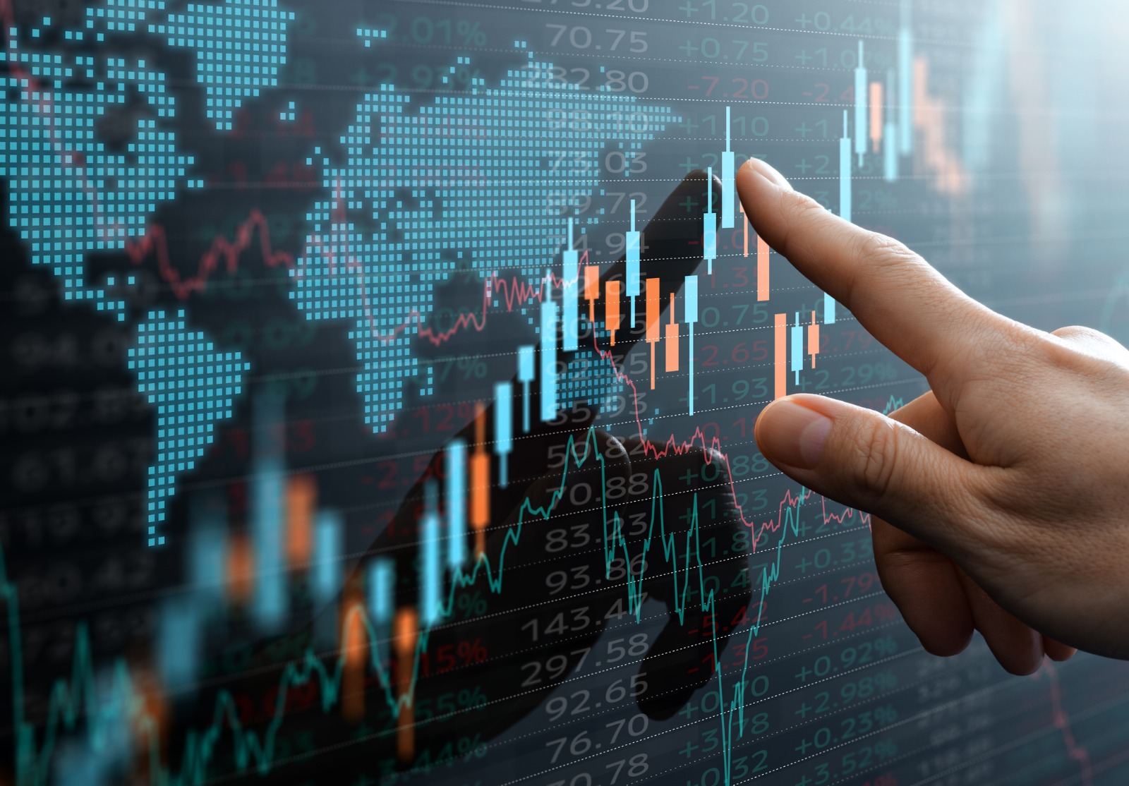 Graphique en chandelier et données du marché financier mondial.