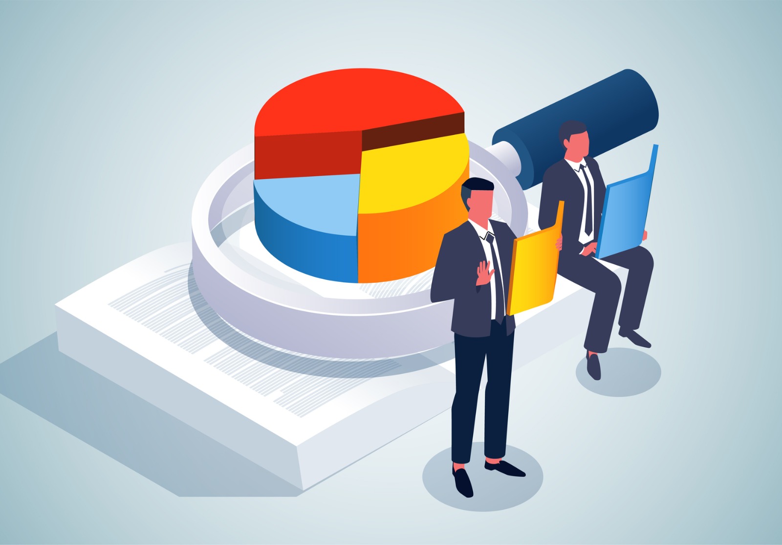 Recherche et apprentissage des données, données de marché, statistiques de recherche, gestion des données, rapports de données financières et analyse graphique, trader isométrique debout à côté de livres et lecture de loupes.