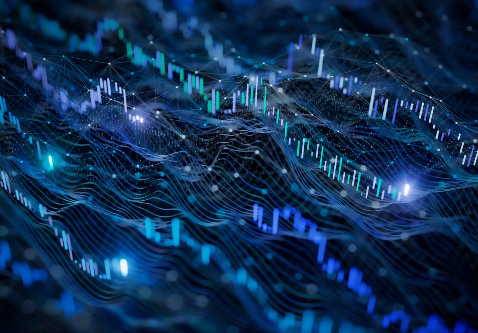 Des graphiques de Bourse dans les nuances de bleu sur un fond noir.