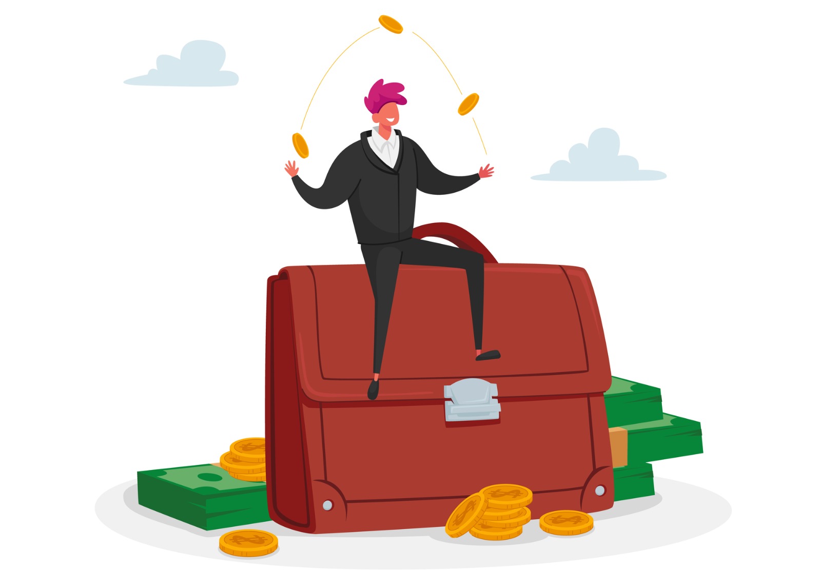 Portefeuille d'investissement, concept de négociation boursière. Petit investisseur, personnage masculin, assis devant une énorme mallette, jonglant avec des pièces de monnaie.