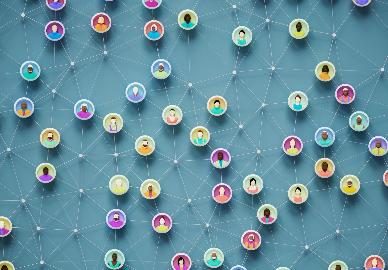 Plusieurs petits cercles dans lesquels on voit des personnes reliés par des traits. Concept de médias sociaux.