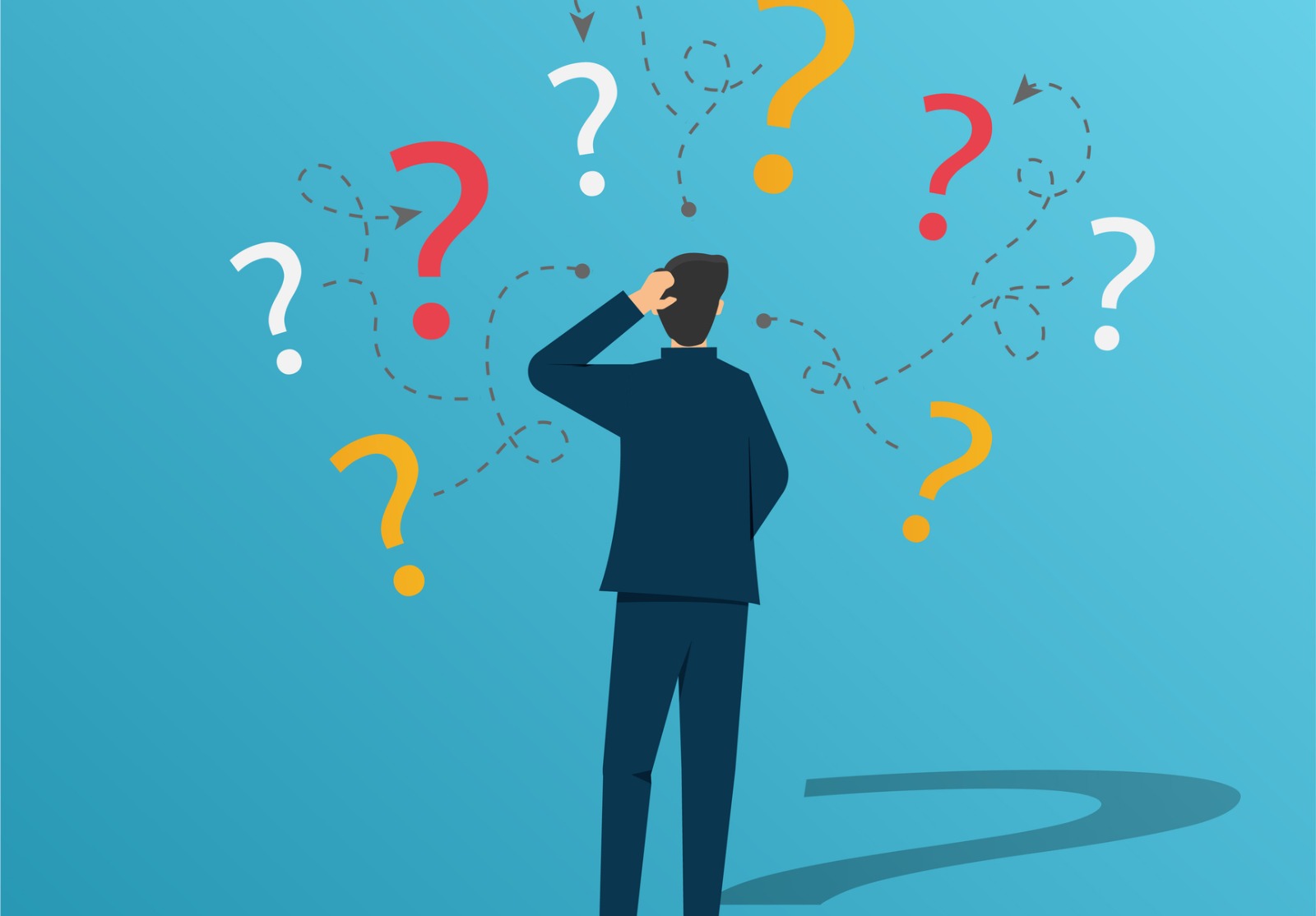 Homme d’affaires incertain pensant et doutant avec le concept de point d’interrogation.