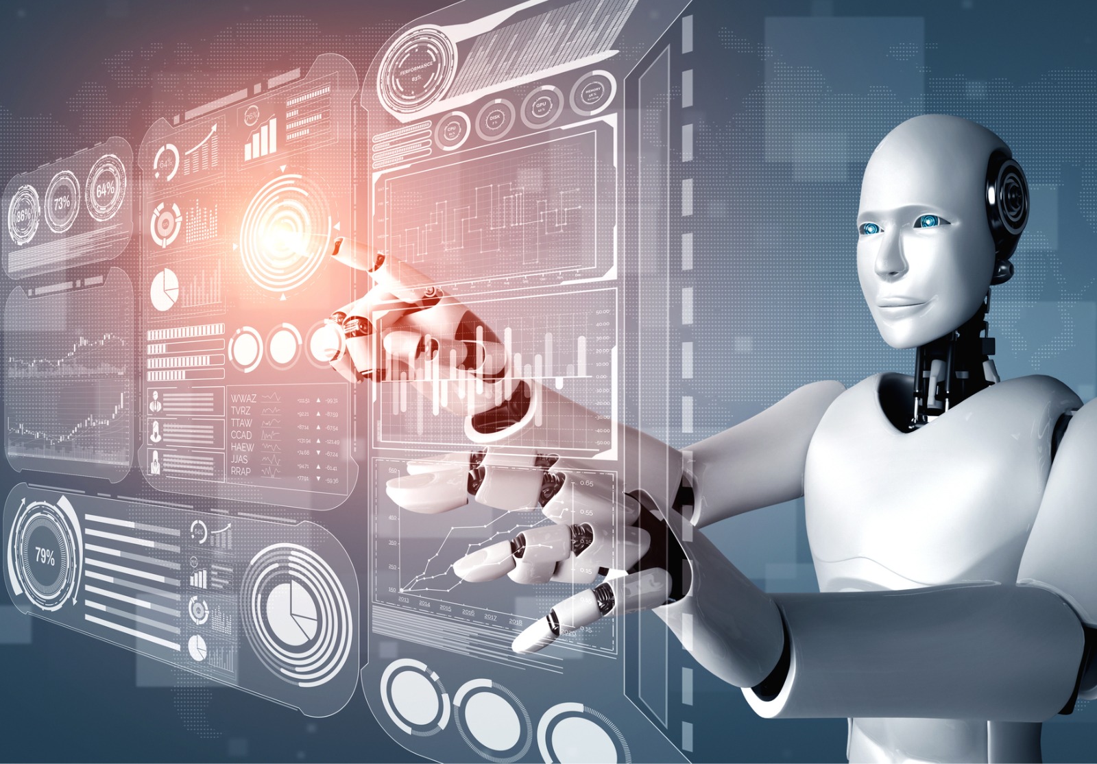 Robot humanoïde d’IA touchant l’écran virtuel d’hologramme affichant le concept du big data.