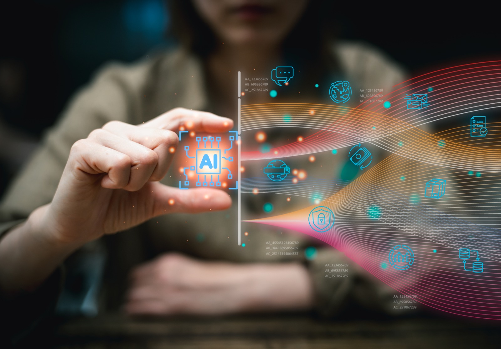 Technologie numérique, femme d’affaires tenant sur l’IA pour commander la recherche d’informations commerciales, travailler dans le commerce électronique, freelance, réseau internet et cybersécurité de centre de données.