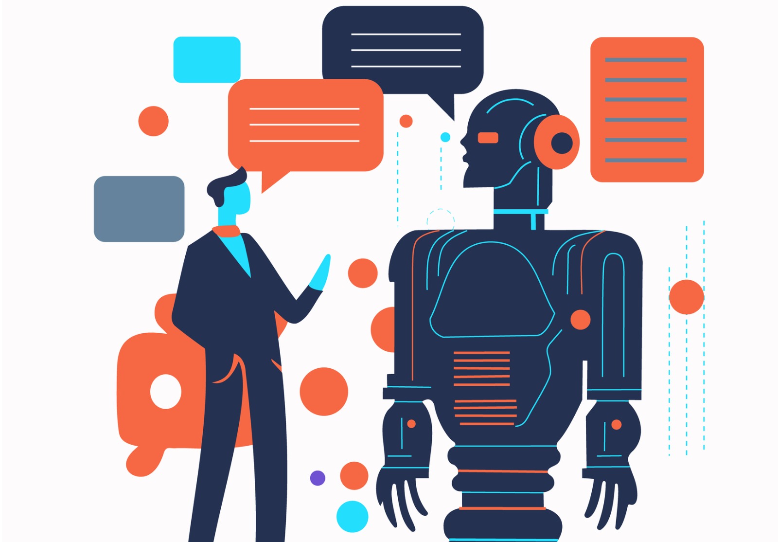 Homme communiquant avec le robot. Homme communiquant avec l’intelligence artificielle Illustration vectorielle.