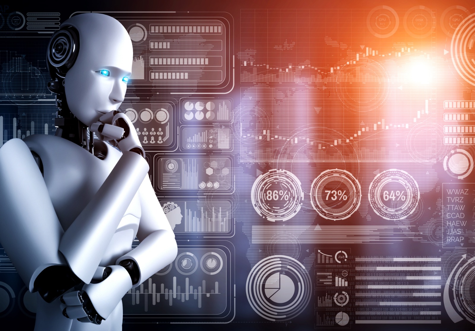 Thinking AI humanoïde robot analysant l’écran hologramme montrant le concept Big Data.