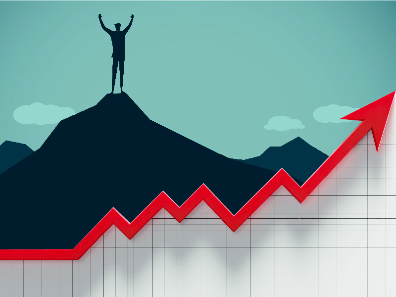 Personnage debout sur une montagne, superposé à un graphique