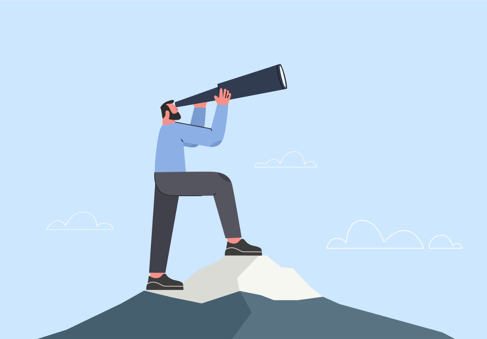 Un homme d’affaires regarde vers la ville à l’horizon à travers une longue-vue.