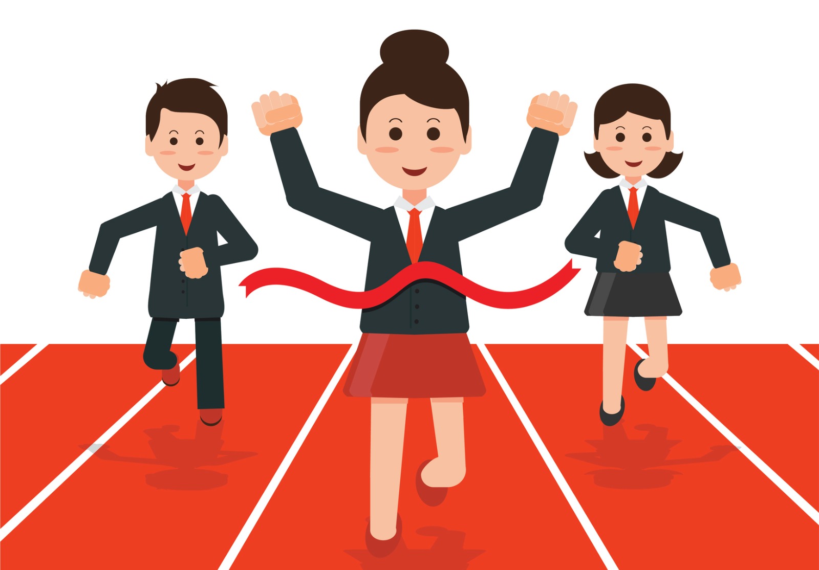 Deux femmes et un homme habillé en vêtement propre font une course. Une des deux femmes a gagné.