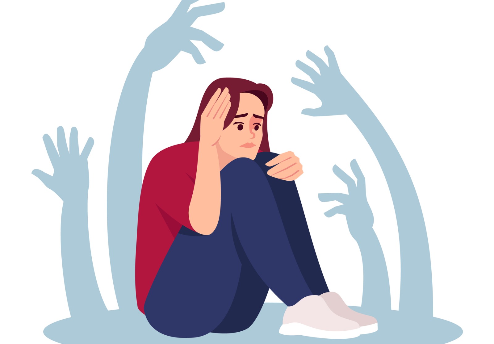 Une fille recroquevillée dans un coin, autour d'elle des ombres de mains et de bras semblent vouloir la happer.