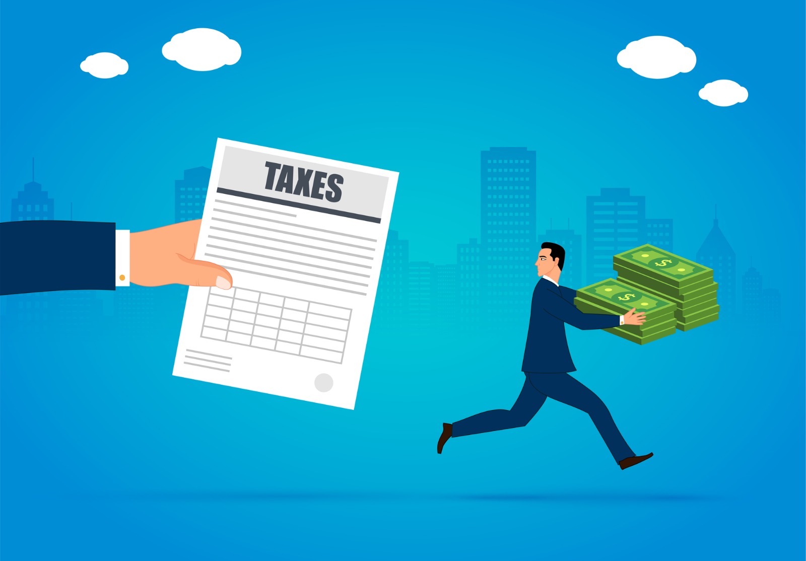 Une main avec un document de taxes poursuivant un homme qui court avec des billets dans les bras.