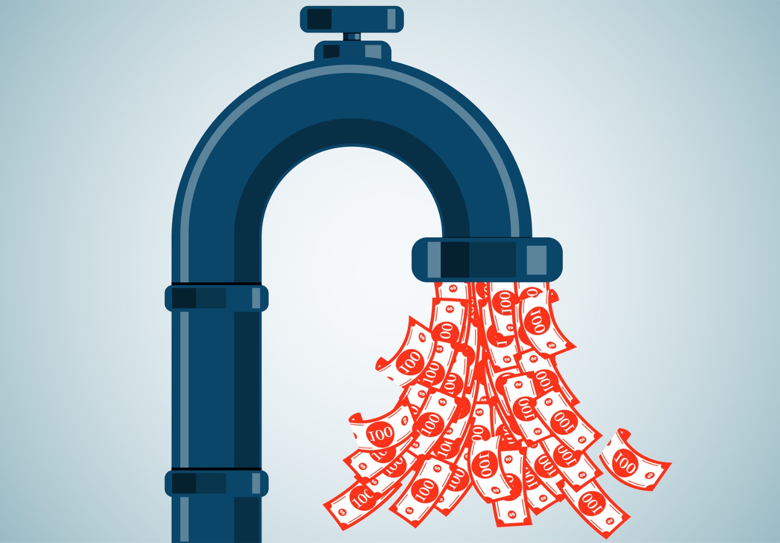Libération d’eau, assouplissement monétaire quantitatif, économie et monnaie, profits des affaires, un gros tas d’argent sortant d’un robinet ouvert.