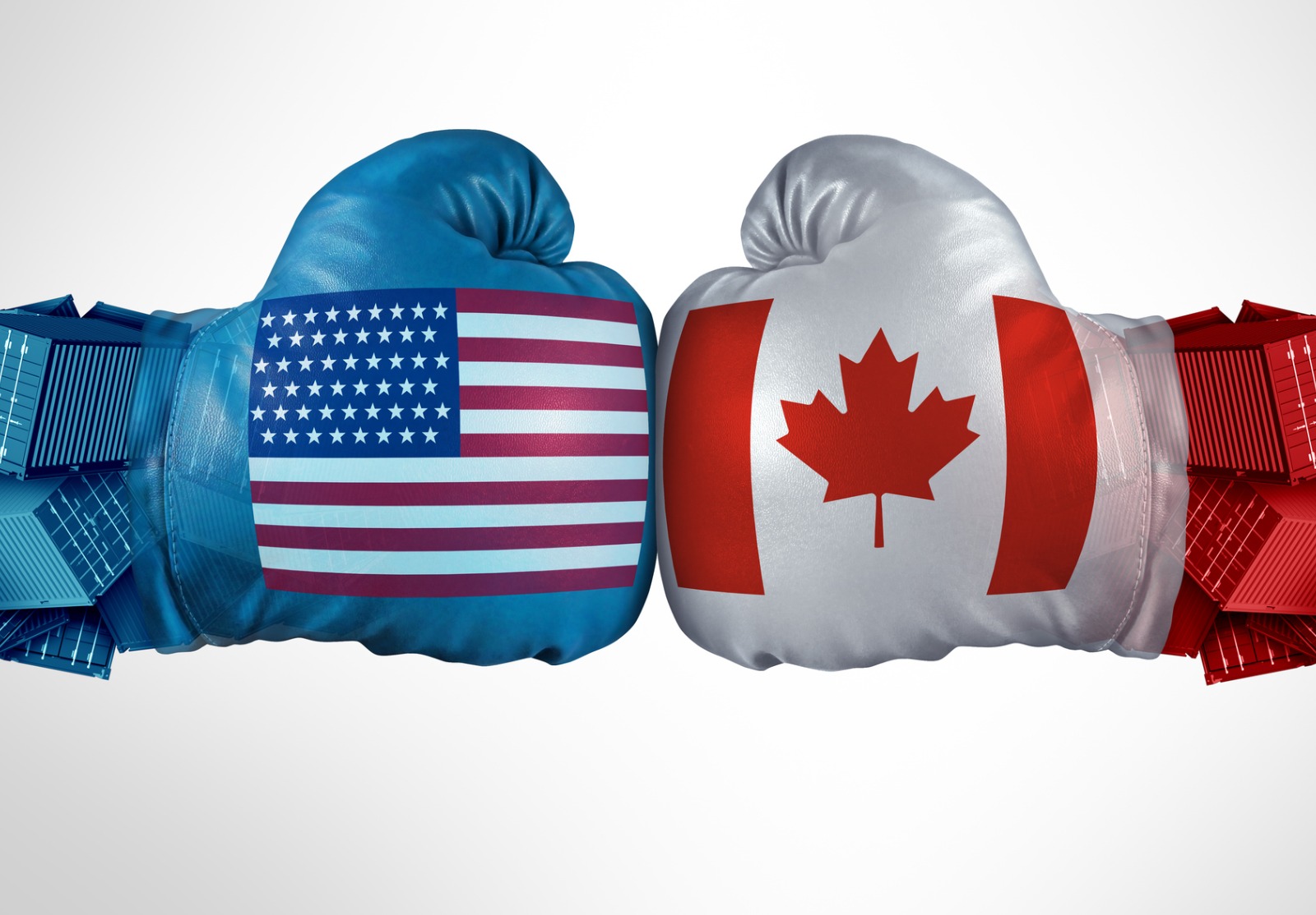 Deux gants de boxe l'un face à l'autre, l'un avec les couleurs du drapeau du Canada et un avec les couleurs du drapeau des États-Unis.