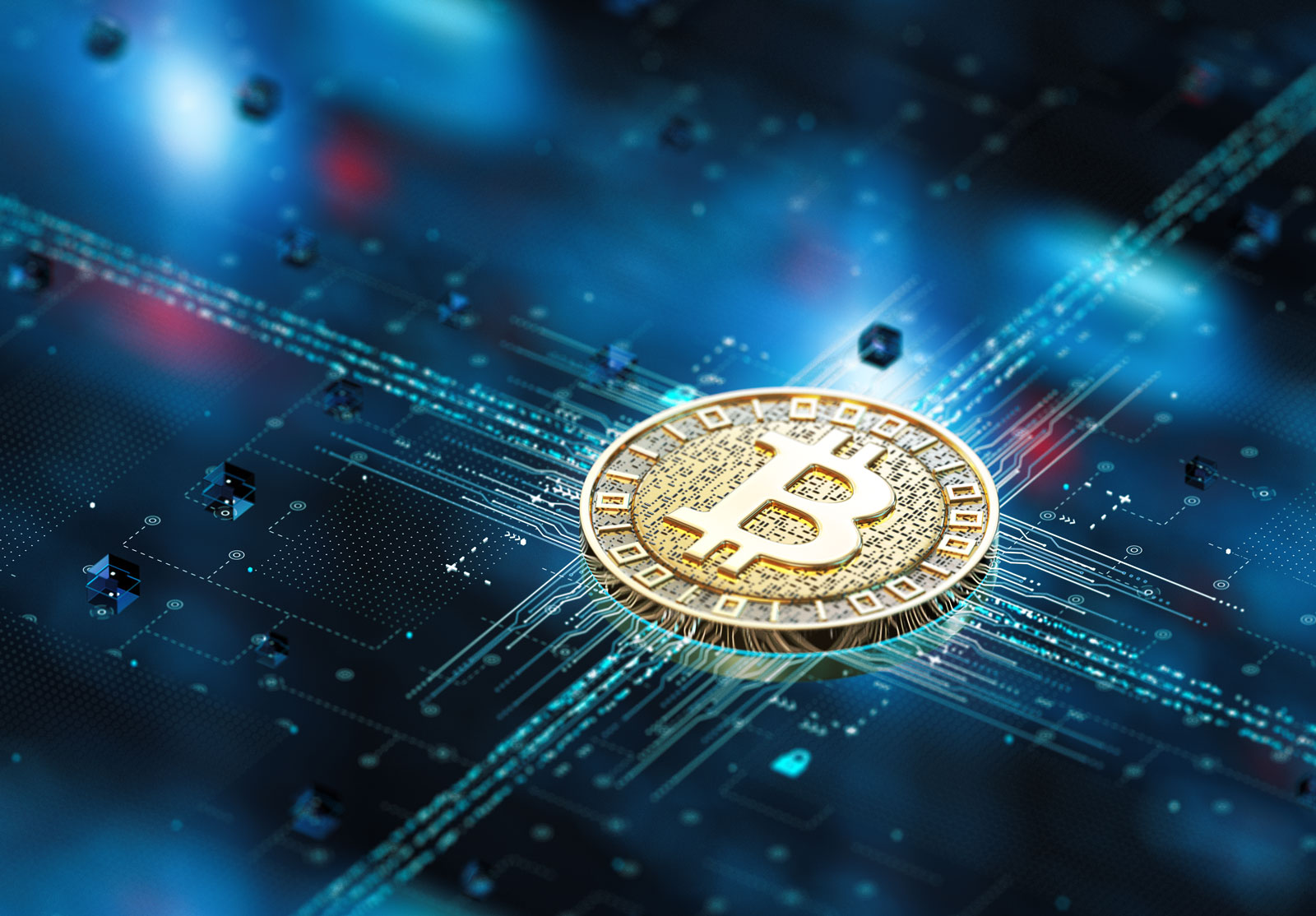 Un bitcoin sur une plaque bleue transparente.