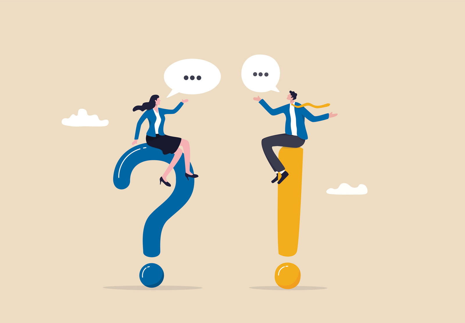 Deux personnes assises chacun sur un signe de ponctuation. L'homme est sur un point d'exclamation, la femme sur un point d'interrogation.