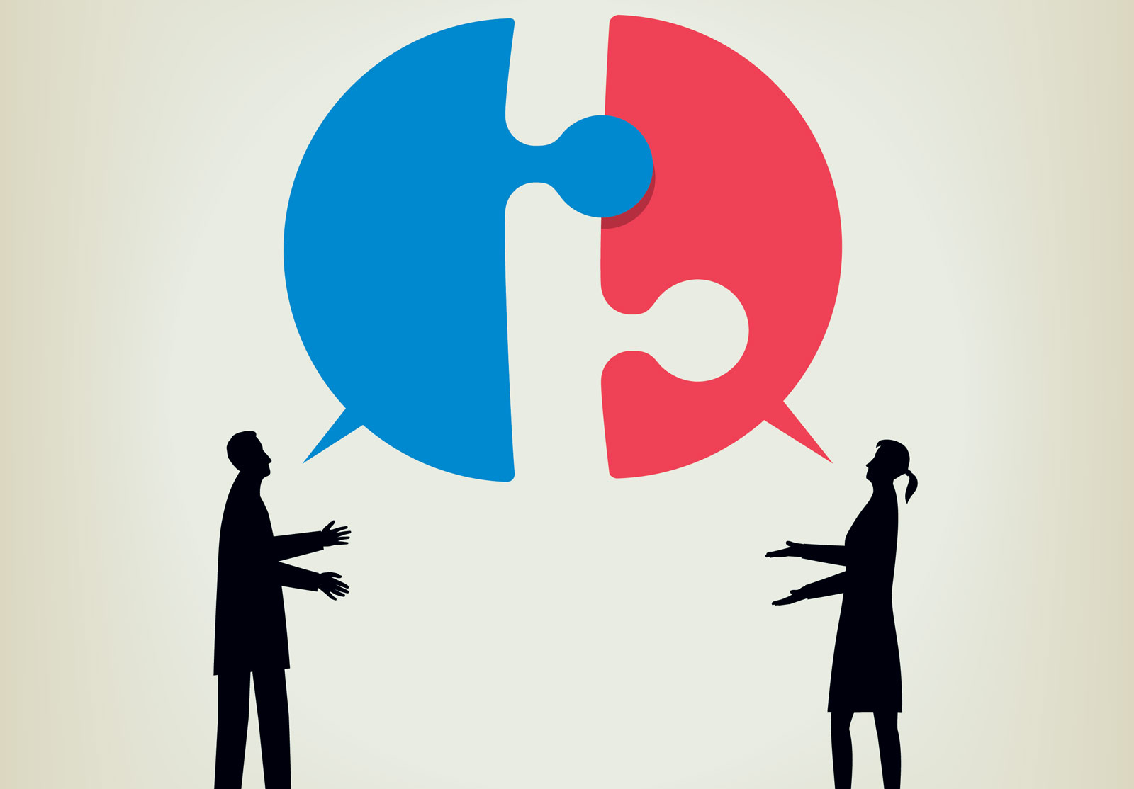 Deux personnages qui parlent. Leurs bulles de discussion sont des pièces de puzzle qui vont s'emboîter