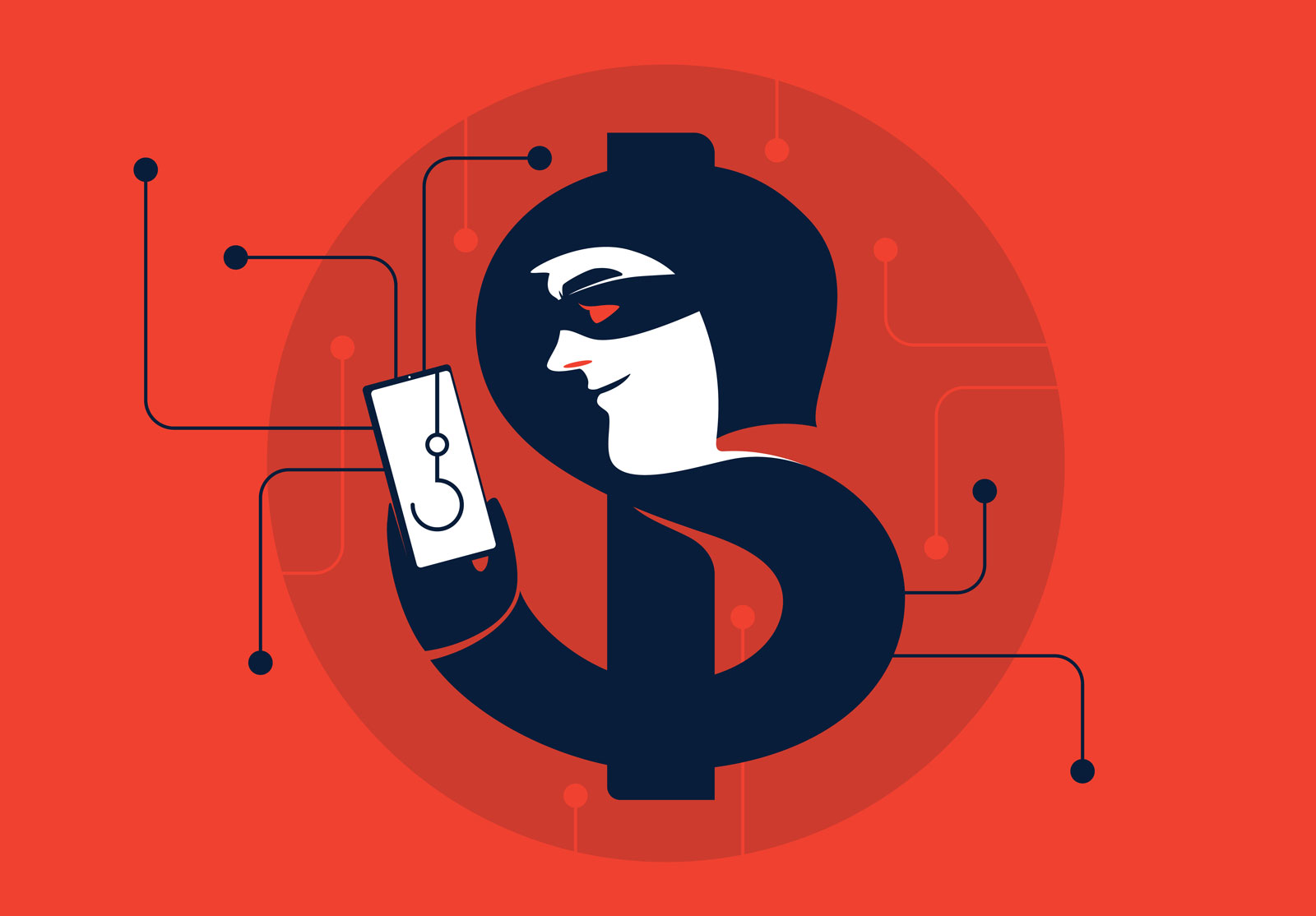 Un homme dessiné dans un dollar, la queue du dollar est sa main tenant un téléphone où est dessiné un hameçon. Concept d'hameçonnage.