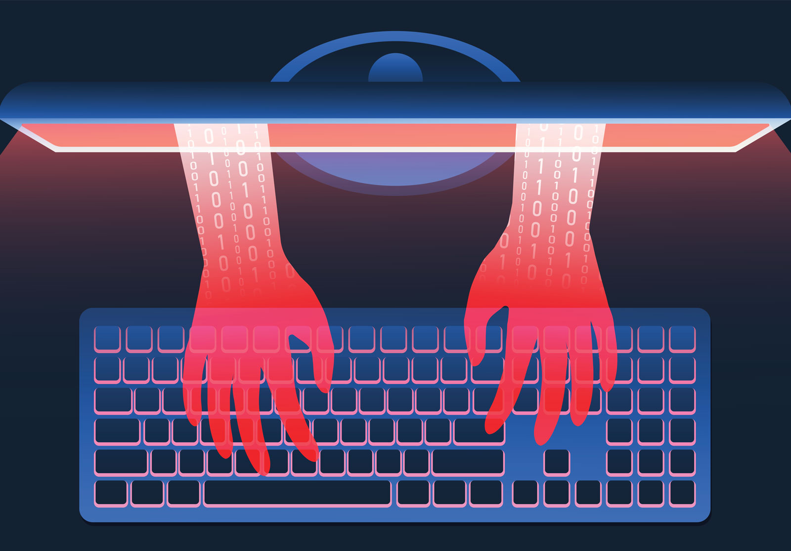 Des mains rouge remplies de 0 et de 1 sortant d'un écran pour taper sur un clavier.