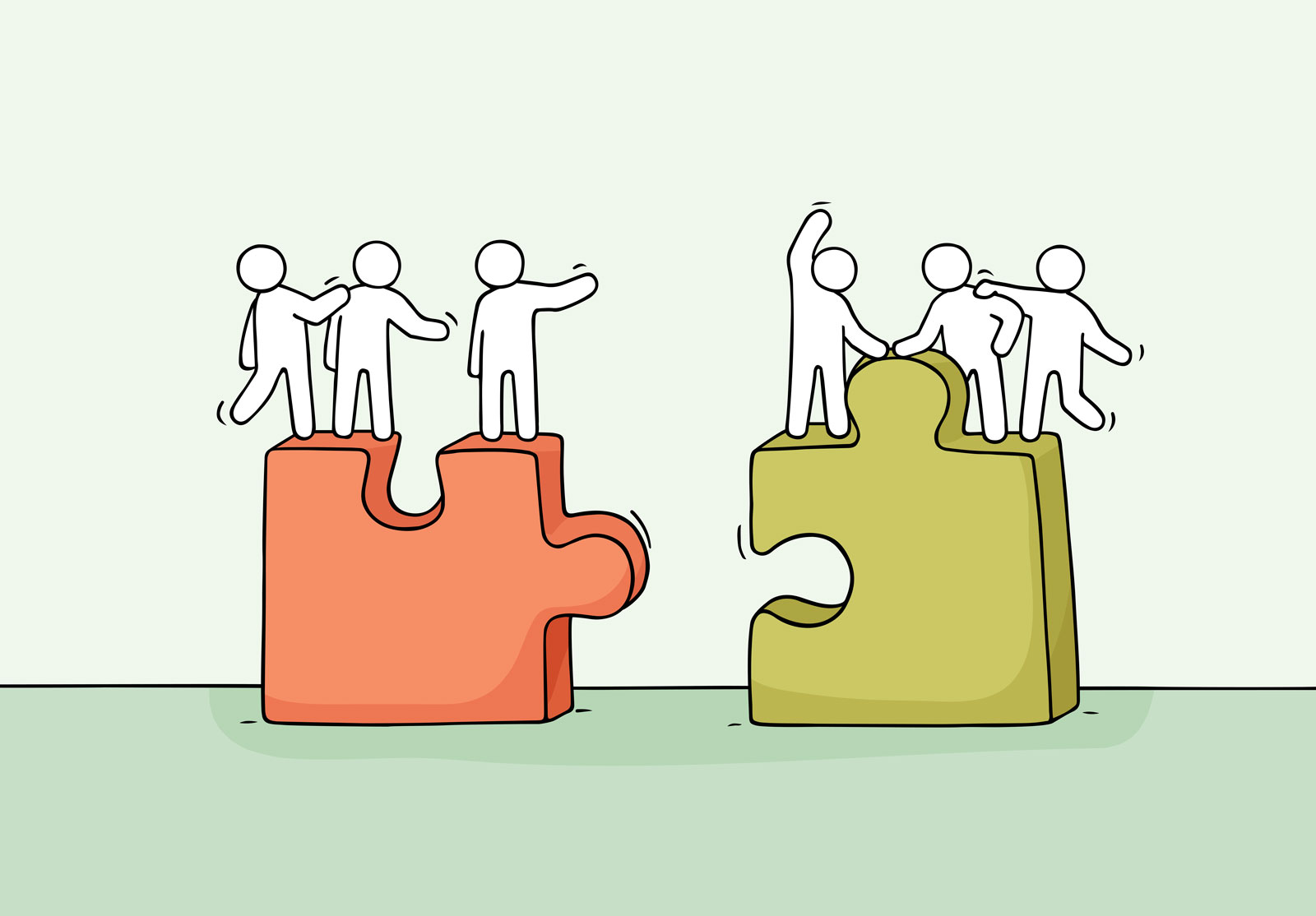 Des petits personnages debout sur des pièces de puzzle qui vont s'emboîter