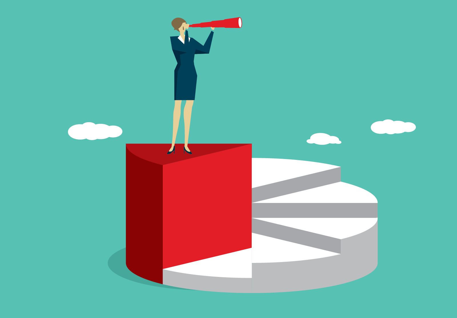 Femme debout sur un graphique, regardant à travers un télescope