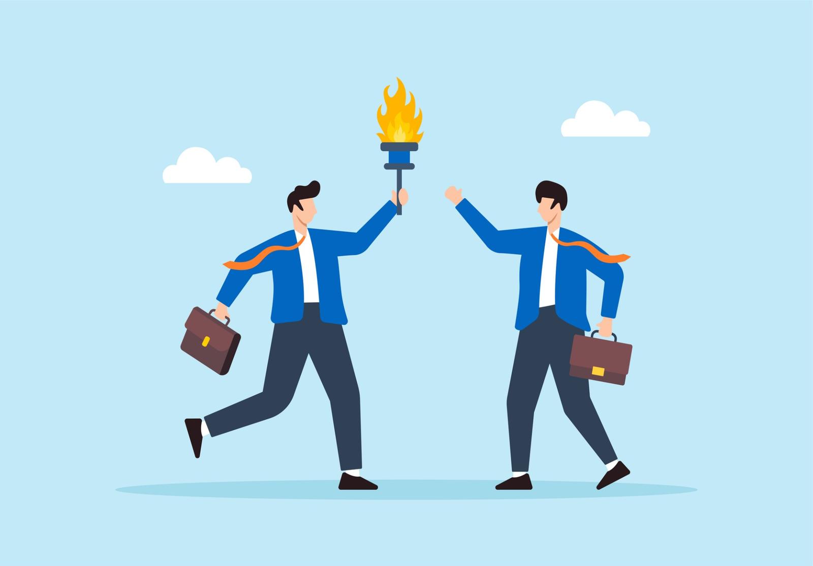 Illustration de deux hommes d’affaires en costume bleu, courant dans un relais et se passant une torche enflammée, métaphore de la transmission et du leadership.