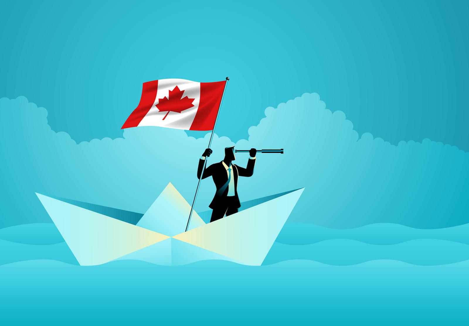 Illustration d’un homme en costume sur un bateau en papier, tenant une longue-vue et un drapeau du Canada. Fond bleu avec nuages stylisés.