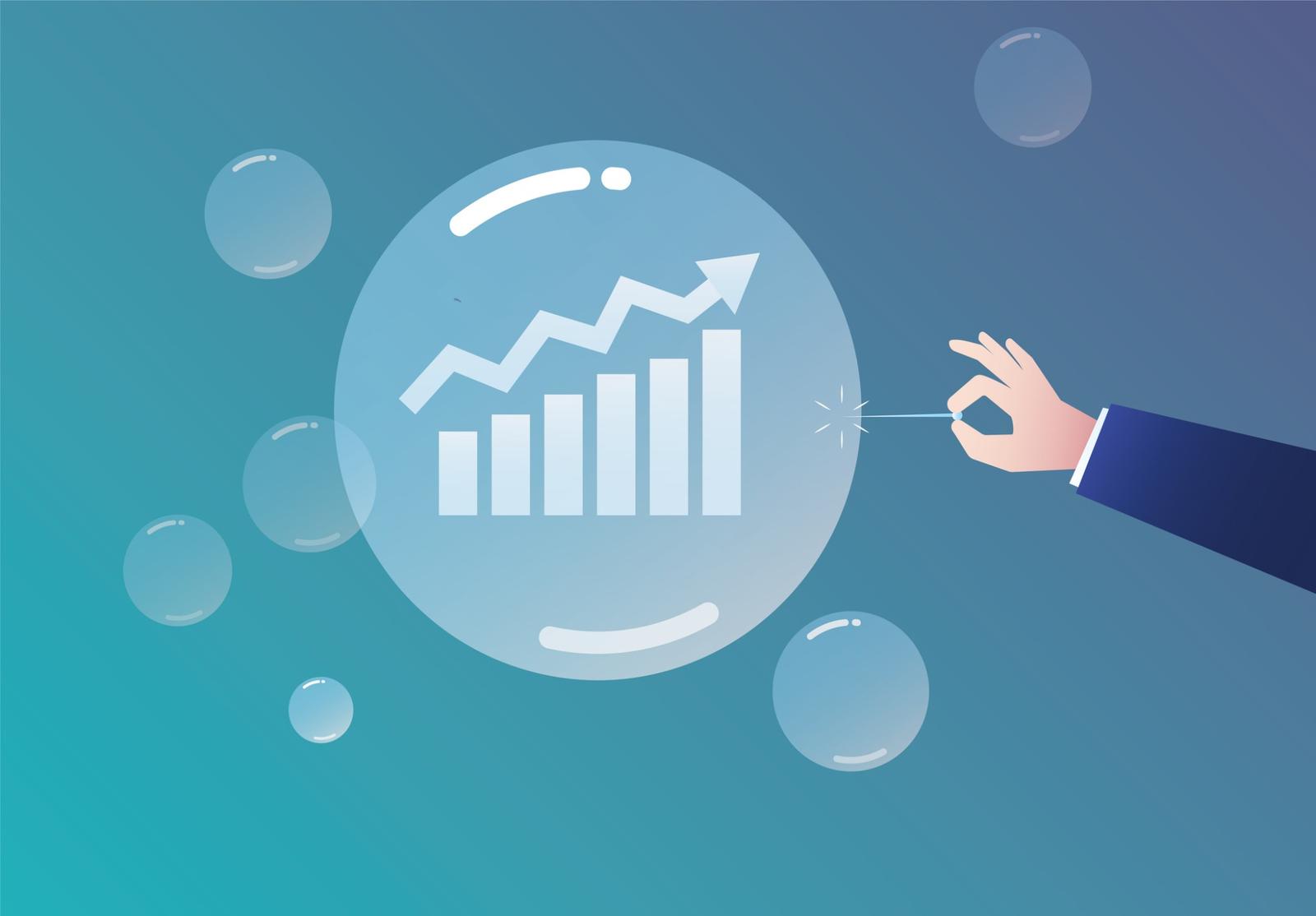 Illustration d’une bulle transparente contenant un graphique boursier en croissance, sur le point d’être éclatée par une main tenant une aiguille. Représentation claire d’un risque de bulle économique ou d’un marché surévalué.