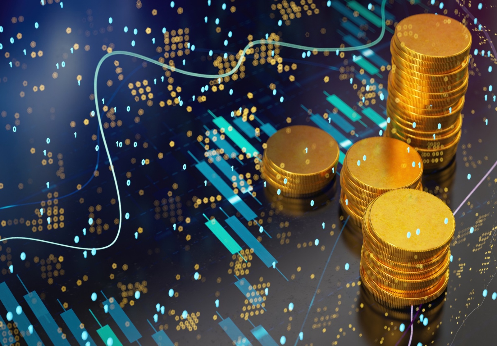 Empilements de pièces dorées symbolisant la croissance financière et l’investissement, sur fond de graphiques boursiers et de données numériques. Illustration moderne de la performance économique, de l’analyse financière et de la technologie appliquée à la finance.